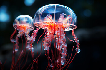 Leinwandbilder - A jellyfish with tentacles made of neon lights.