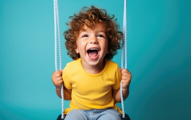 Happy smiling child boy sitting on a swing and having fun