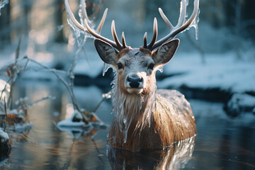 Aufkleber - A deer with antlers made of ice.