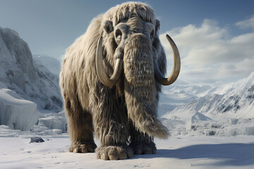 Aufkleber - A photorealistic render of a majestic woolly mammoth standing in a snowy landscape, with long tusks and shaggy fur.