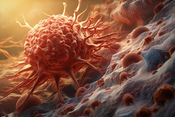 Aufkleber - A medical illustration or graphic depicting cancerous cells invading and attacking healthy brain tissue, showing the destructive nature of brain cancer.