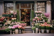 Cozy Street With Flower Shop, Beautiful Flower Shop With Spring Flowers