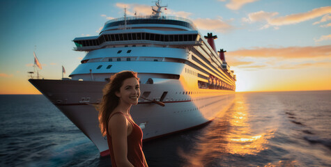 happy tourist woman standing in front of big cruise ship, woman on trip.1