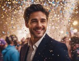 Fototapeta Pokój dzieciecy - Festive portrait of a happy young man in confetti