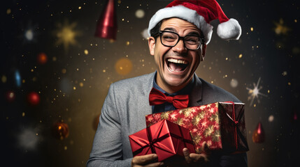 Wall Mural - Man holding a gold-wrapped Christmas present with a ribbon, set against a solid background