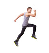 © Y.A./peopleimages.com - Man, running and jump in fitness, workout and training in studio with wellness and energy or speed. Sports model, sprinter or runner in air, exercise and cardio or muscle health on a white background