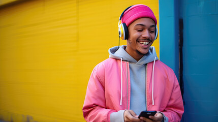 Canvas Print - Joyful young man with white headphones, with a vibrant pink wall in the background, enjoying music.