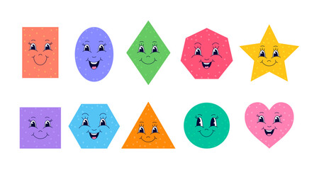 Sticker - Geometric shapes with cute faces on white background. Simple and cute. 