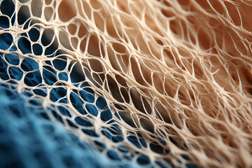 A net of tan and azure cords fabric macro close-up.