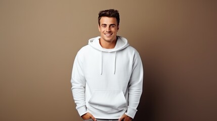 Wall Mural - Handsome young  white  male wearing white blank cotton hoodie with space for your logo or design generative ai