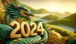 2024 Chinese new year, year of the dragon. Green wooden dragon and number, greeting card