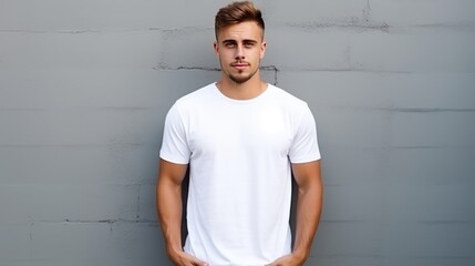 Handsome young  white  male wearing white blank cotton t-shirt with space for your logo or design generative, generative ai, ai