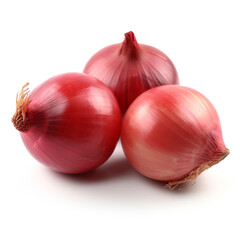 Three shallot, sharp, red, isolated on white background created with Generative Ai