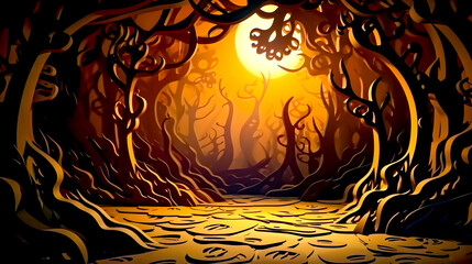 Sticker - Paper cut of forest with sun in the background and trees in the foreground.