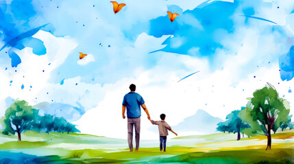 Father and son holding hands while flying kites in the sky over field.