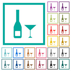 Sticker - Wine bottle and glass flat color icons with quadrant frames