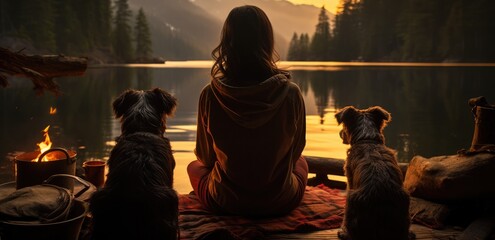 Wall Mural - a woman sits near the fire with her two dogs in the background