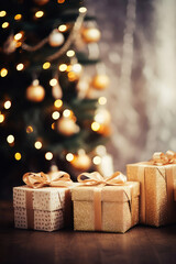 Wall Mural - Merry Christmas and Happy New Year background with copy space. Xmas gifts box and Christmas balls, festive bokeh. Design for poster, holiday banner, flyer or greeting card.