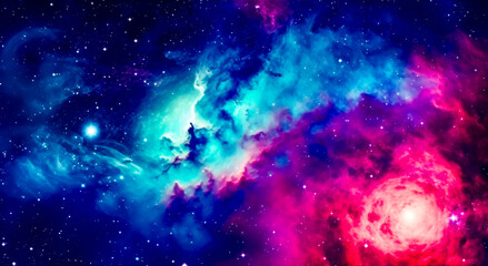 Wall Mural - Colorful space filled with lots of stars and bright blue and pink cloud.