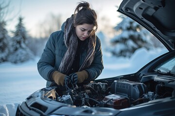 Wall Mural - A young woman repairs a car in winter.