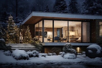 A modern house exterior with Christmas decorations at night.