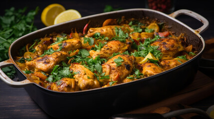 Wall Mural - Turmeric chicken casserole in baking dish. ai generative