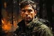 In the midst of a chaotic and violent action-adventure game, a man in a military uniform stands stoically, his human face determined as he brandishes his weapon with precision and purpose