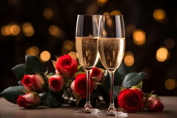 Wall Mural - Champagne in the romantic atmosphere of lovers. Background with selective focus and copy space