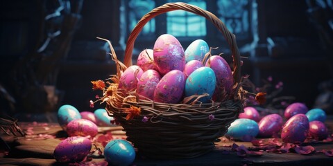 Wall Mural - colorful basket of easter eggs in the city background