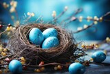 Fototapeta Londyn - colorful eggs in a nest on a blue background