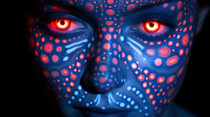 Wall Mural - Fashion model woman in neon light, portrait of beautiful model with fluorescent make-up, Art design of female disco dancers posing in UV, colorful make up. Isolated on black background