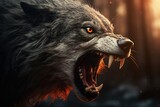 Fototapeta  - Angry growling wolf mouth close up.
