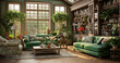 minimalism large living room of a country house with plants and a green sofa 