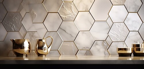 Wall Mural - Infuse glamour into your high-end kitchen space with captivating 3D-rendered hexagonal wallpaper, blending shades of platinum and pearl with unmatched elegance.