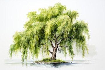 Wall Mural - Watercolor and pencil drawing of willow tree.