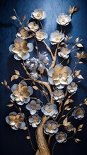 A Stunning 3D Wallpaper Capturing The Essence Of A Floral Tree. Silver-blue Flower Leaves And A Radiant Gold Stem Create An Enchanting Scene.