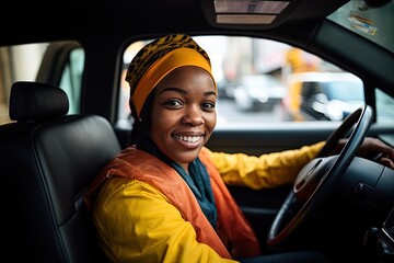 Wall Mural - Portrait of smiling female taxi driver in a car.