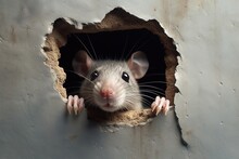 Rat Peeking Out Of A Hole In Wall.