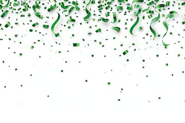 Falling green confetti and streamers seamless pattern on white background.