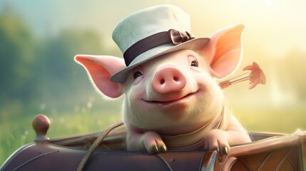 Poster - A pig with a hat and bow in a suitcase