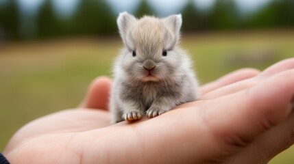 A small gray and white kitten sitting on a person's hand