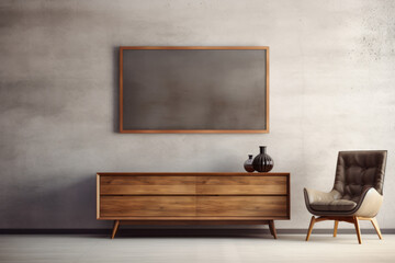 Wall Mural - Wooden dresser near concrete wall with frame. Vintage home interior design of living room. Generative AI