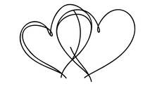 One Continuous Line Drawing Of Two Hearts With Love Signs. Thin Curls And Romantic Symbols In Simple Linear Style.