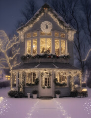 bright house in a snowy Christmas night