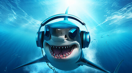Wall Mural - Music dj shark with sunglasses and headphones. generative ai