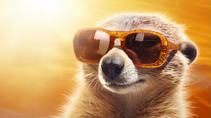 Wall Mural - Meerkat in sunglasses shade glasses. Meerkat face close up. generative ai