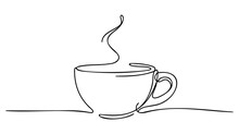 Continuous Thin Line Coffee Cup With Smoke Vector Illustration, Minimalist Sketch Doodle For Cafe.