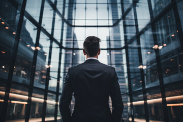 Rear view of a businessman in a sleek suit looking up at towering glass buildings in a modern urban landscape.