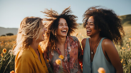 Vibrant friends sitting on couch in a grassy field