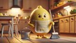 Cheerful lemon character in an apron, happily engaging in household cleaning with a broom